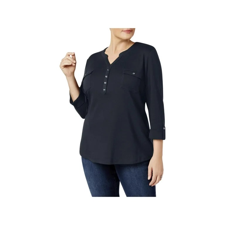 Nwt Karen Scott Woman 2 Pocket Henley Intrepid Blue, Size 2x